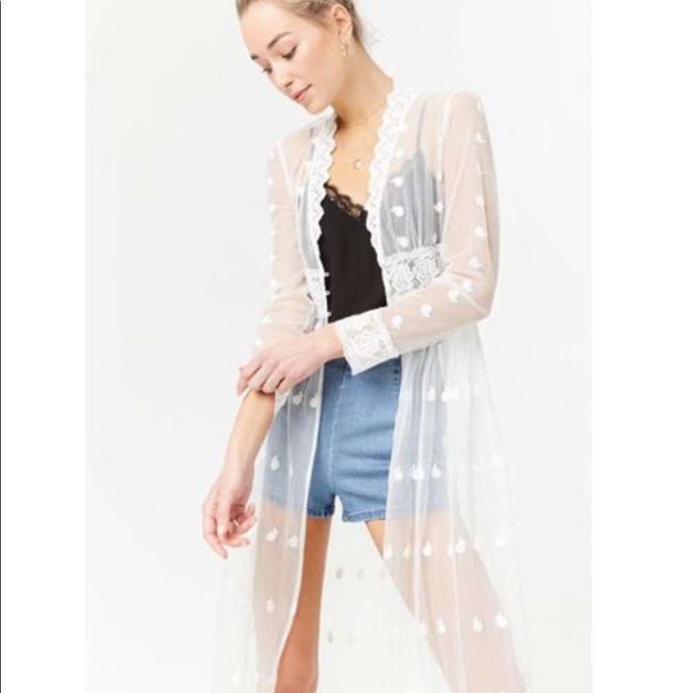 Sheer Plunging Lace Embroidered Duster